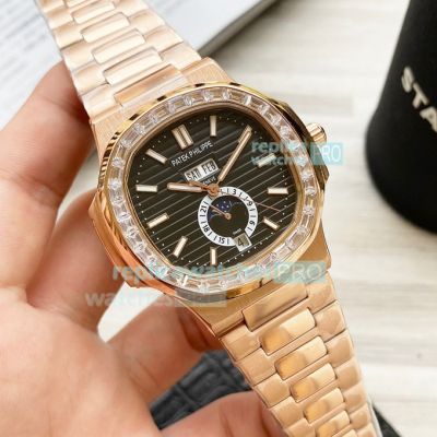 Copy Patek Philippe Nautilus Annual Calendar Rose Gold Case Diamond Bezel Watch 42MM